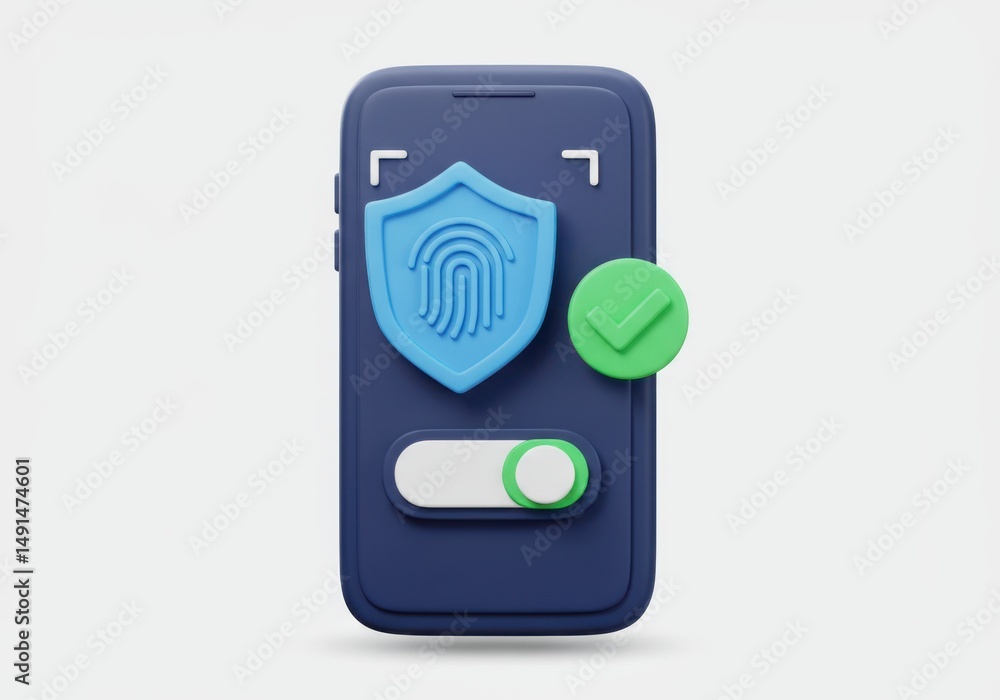 Poster a phone with a fingerprint shield and a green checkmark on a white backdrop