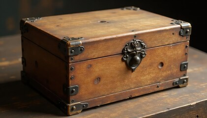 Close-up of a pristine, untouched antique wooden box Shows natural wood grain and subtle wear , retro, close-up