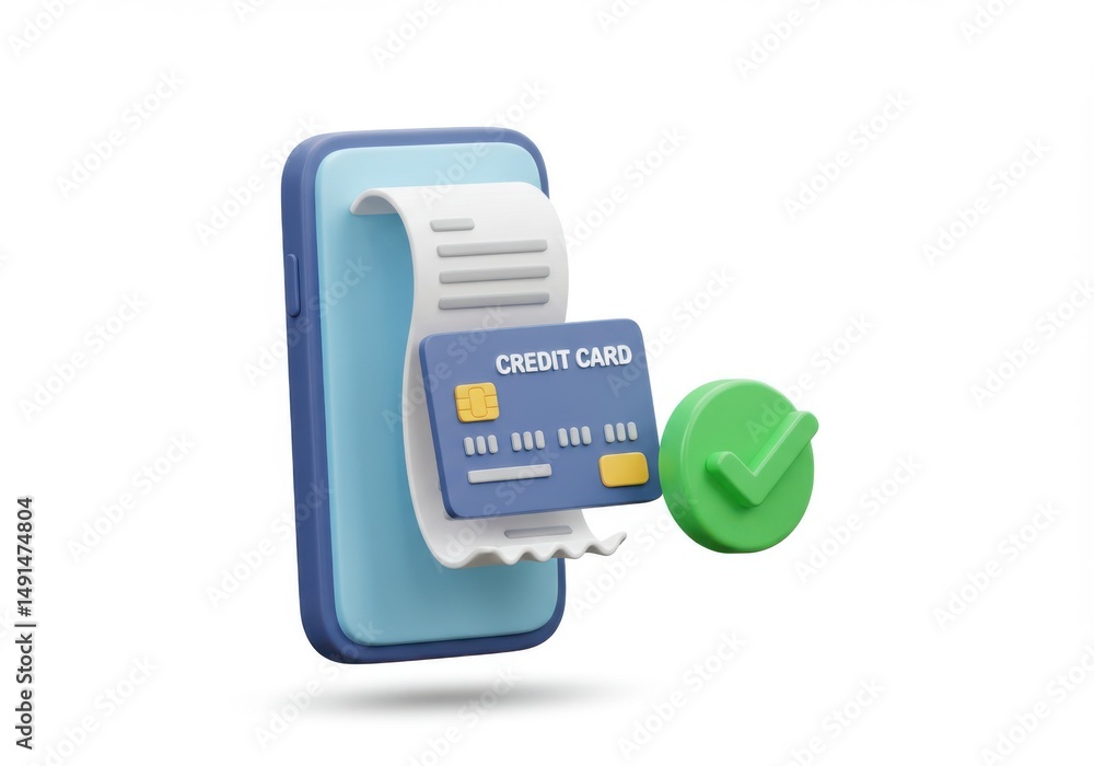 Poster a phone with a card and a receipt with a green check mark to the right side