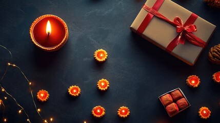 Diwali festival sweets with Diya lamp and Gift box on the table