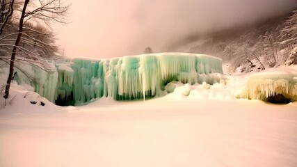Frozen winter waterfall landscape with teal ice formations and snowy foreground in a tranquil, scenic setting with trees - Powered by Adobe