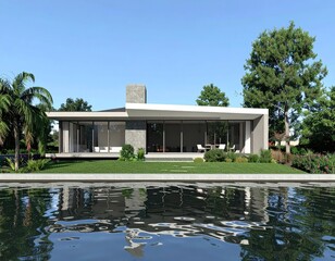 Modern Waterfront Home Sleek Architecture with Reflective Pond, and Sunny Day.