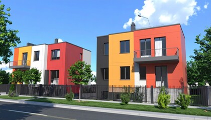Colorful Townhouses Modern Architecture in Sunny Suburbia.