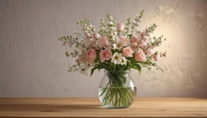 Fototapeta premium Delicate spring bouquet in glass vase, soft light from nearby lamp casts gentle glow on wooden surface , springtime, soft light