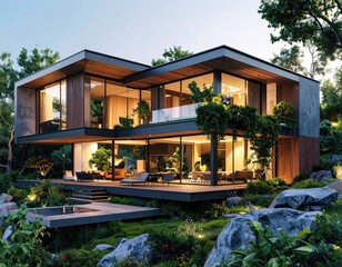 Fototapeta premium Modern luxury home Serene estate boasts pool with garden, and architectural design.