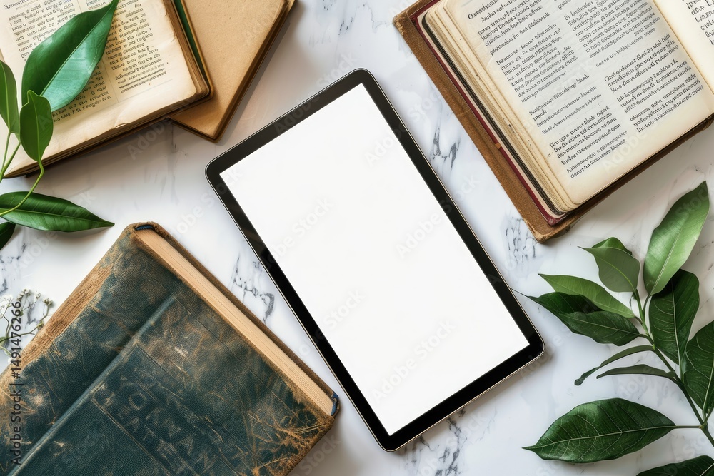 Poster high resolution visual of tablet and books arrangement top view