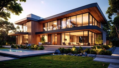 Modern Luxury Sleek Home Design with Pool and Verdant Landscape.