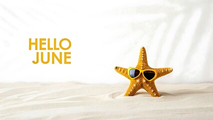 Hello June Summer Beach Starfish Fun Sunglasses Seaside Greeting Card Design