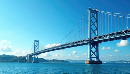 Sky blue suspension bridge against a clear sky Iconic architecture, engineering marvel , towers, modern