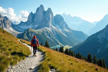 Obraz premium Trekking across the Dolomites plateau, dramatic mountain scenery Vast, open landscape, rugged peaks, winding paths , dramatic, peaks, geology