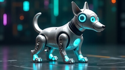 High quality Professional Futuristic robotic dog posing in neon cityscape stock image