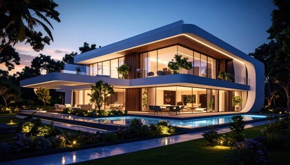 Obraz premium Modern Villa at Twilight Luxury Living by the Pool with Mediterranean Dream.