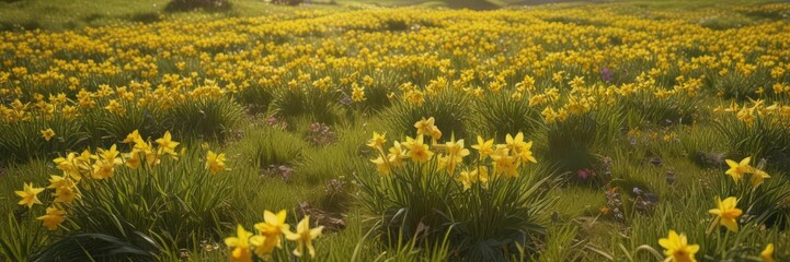 Obraz premium Golden daffodils carpet sunny meadow, vibrant hues, cheerful spring scene, sunshine, bloom