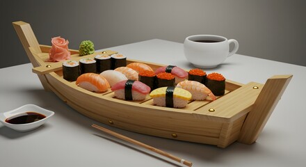 Sushi Boat Culinary Delight: A visually stunning array of fresh sushi artfully arranged on a bamboo boat, paired with savory soy sauce, and a steaming cup of coffee.
