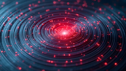 RF antenna circuit with exploding spiral pattern, concentric circles connected by radiating energy lines.