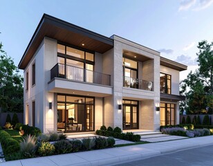 Fototapeta premium Modern Luxury Estate Home with Balconies at Sunset.