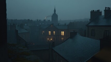 Foggy Town, Night View, Church Spire, Building, Atmospheric