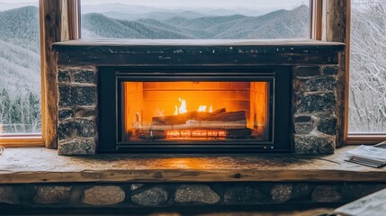 Cozy stone fireplace with burning fire and mountain view.