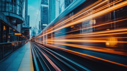 Fototapeta premium Dynamic light trails create sense of speed and motion in this vibrant image, showcasing energy of urban life.