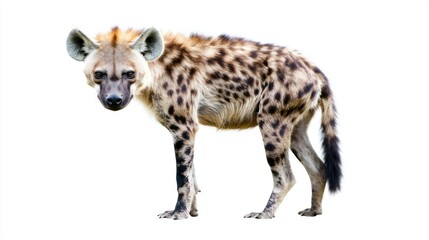 Spotted hyena isolated on white background, animal portrait close-up facing forward