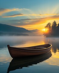 Obraz premium Tranquil sunrise over misty lake with a wooden rowboat floating on calm water, surrounded by pine trees and mountains in a peaceful natural landscape scene