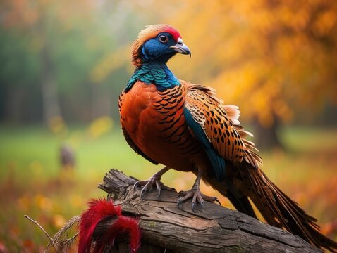 "Male Ring-Necked Pheasant Displaying in Spring Sunset &ndash; Courting Behavior in Green Meadow Habitat"
