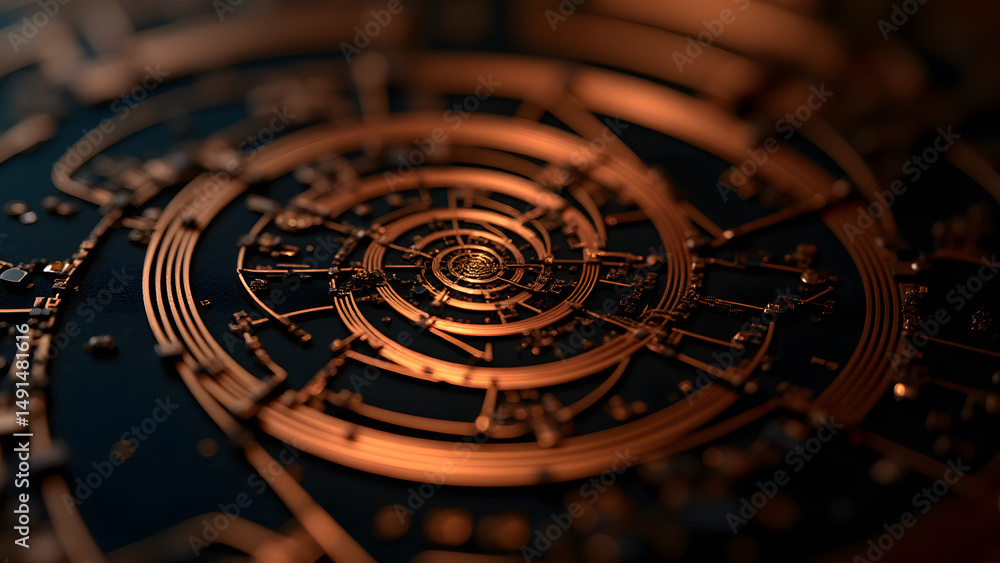 Aufkleber interwoven triangular spirals form a complex rf circuit maze with copper traces on black substrate, 