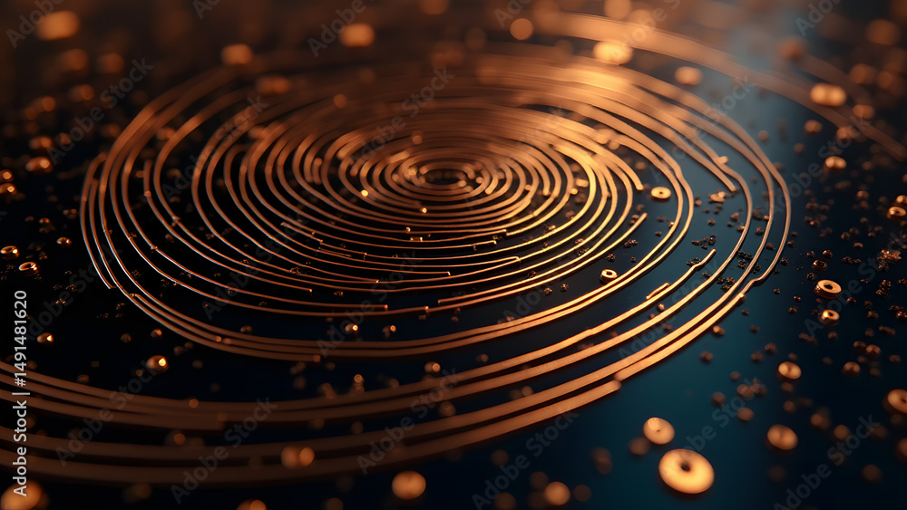 Poster interwoven triangular spirals form a complex rf circuit maze with copper traces on black substrate, 