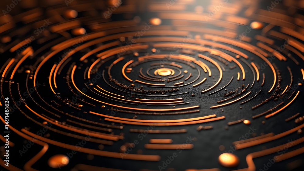 Poster interwoven triangular spirals form a complex rf circuit maze with copper traces on black substrate, 