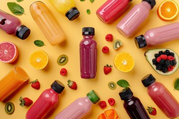 ultra HD picture of top view assorted smoothies in bottles with fruits