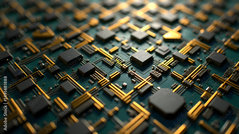 Poster memory-inspired gold circuit grid with double x-patterns, showing electron wear and thermal channels