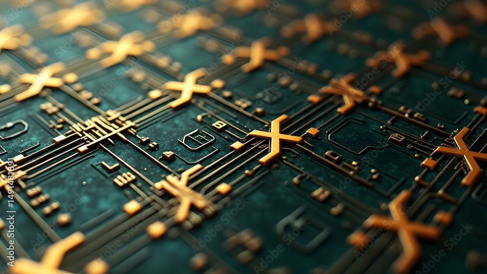 Poster memory-inspired gold circuit grid with double x-patterns, showing electron wear and thermal channels