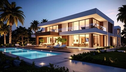 Obraz premium Modern Dream Luxury Villa with Pool at Dusk.
