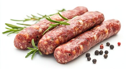 Close-up of three savory sausages seasoned with herbs and peppercorns.