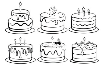 Birthday cake outline elements clipart set. Cake outline drawing clip art of sweet food dessert birthday party collection in white background vector illustration.  
