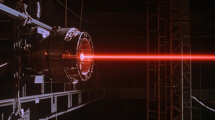 Red laser beam from industrial device in dark facility
