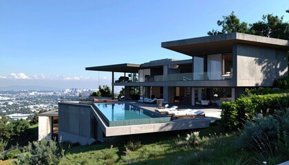 Fototapeta premium Modern Hillside Villa Poolside Luxury with LA Skyline View.