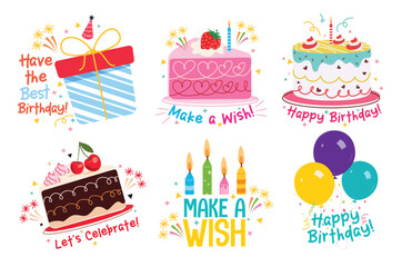 Birthday greetings typography clipart set. Colorful wishes drawing elements clip art with gift box, cake, candles and balloons party decoration collection vector illustration. 
