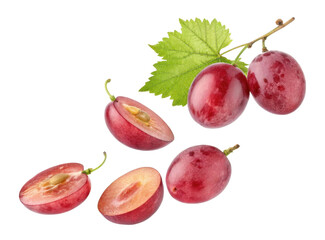 Fresh Red Grapes with Green Leaf and Sliced Pieces Isolated on Transparent Background