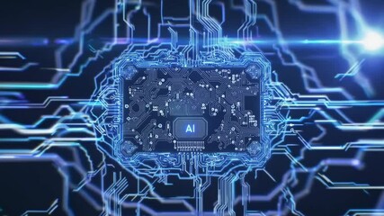 Glowing blue AI chipset at the heart of a complex circuit board, symbolizing artificial intelligence, machine learning, and futuristic data processing. Technology and innovation concept1. - Powered by Adobe