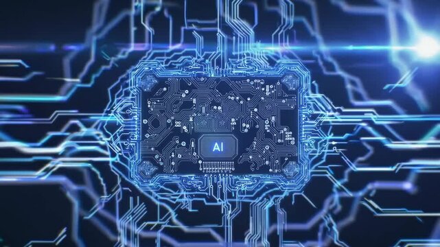 Glowing blue AI chipset at the heart of a complex circuit board, symbolizing artificial intelligence, machine learning, and futuristic data processing. Technology and innovation concept1.