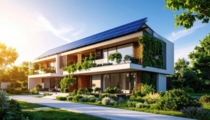 Modern Eco House Solar Panels  Lush Greenery in Bright Sunlight.