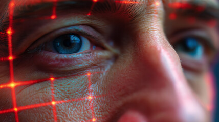 Close-up of face being scanned at biometric border, red laser grid overlay, cyber feel, high contrast