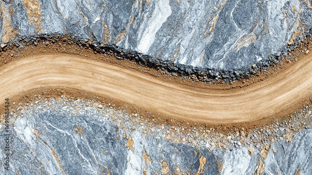 Poster aerial view of a winding path through a quarry.