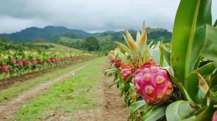 Gardinen Ripe pink pitaya growing in tropical farm, mountains background © Trisa