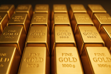 Gold bars stacked in rows represent safe investment and valuable asset for home wealth and financial security