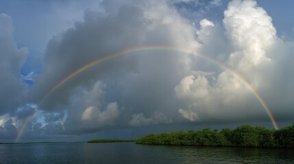 Stunning double rainbow arcing over water and lush green islands under dramatic cloudy sky
