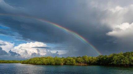 A dramatic rainbow arches over lush green landscape and calm water under stormy skies