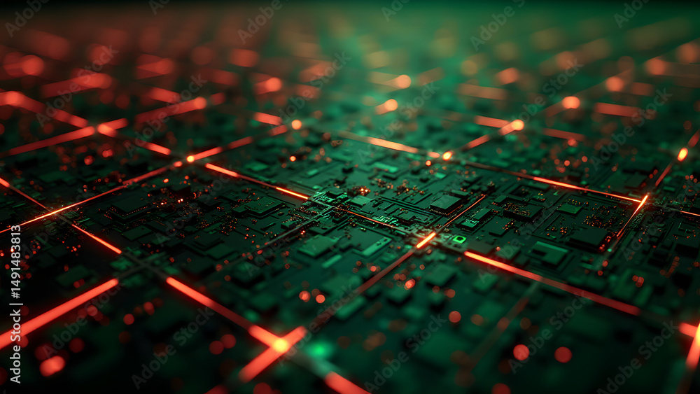Poster diamond-reinforced digital circuit grid with stress-relief patterns and dual-layer substrate effects