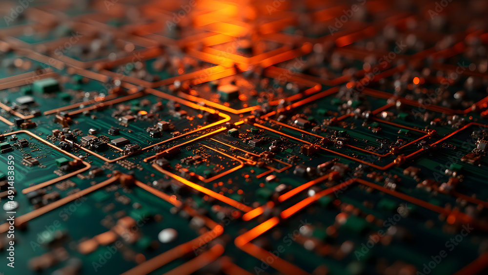 Poster diamond-reinforced digital circuit grid with stress-relief patterns and dual-layer substrate effects